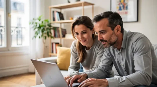Couple français discutant de leur projet de crédit immobilier devant un écran