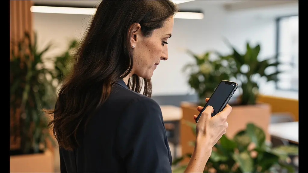 Femme professionnelle consultant les offres de courtier immobilier sur smartphone